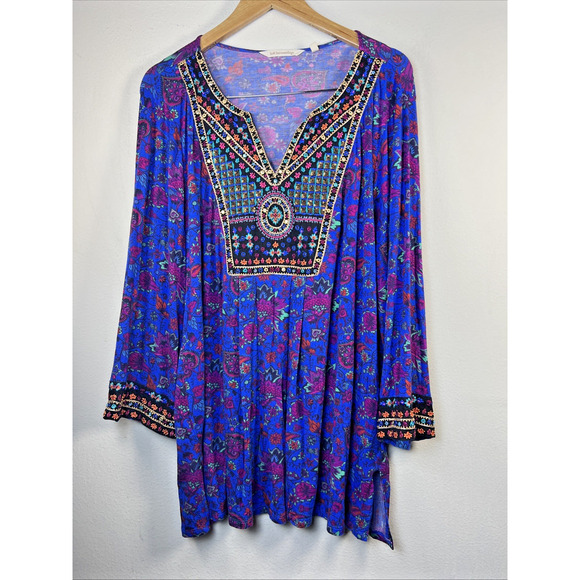Soft Surroundings Womens 2x BoHo Top Tamuri Tunic Blue Floral Beaded Blouse XXL - Picture 2 of 14